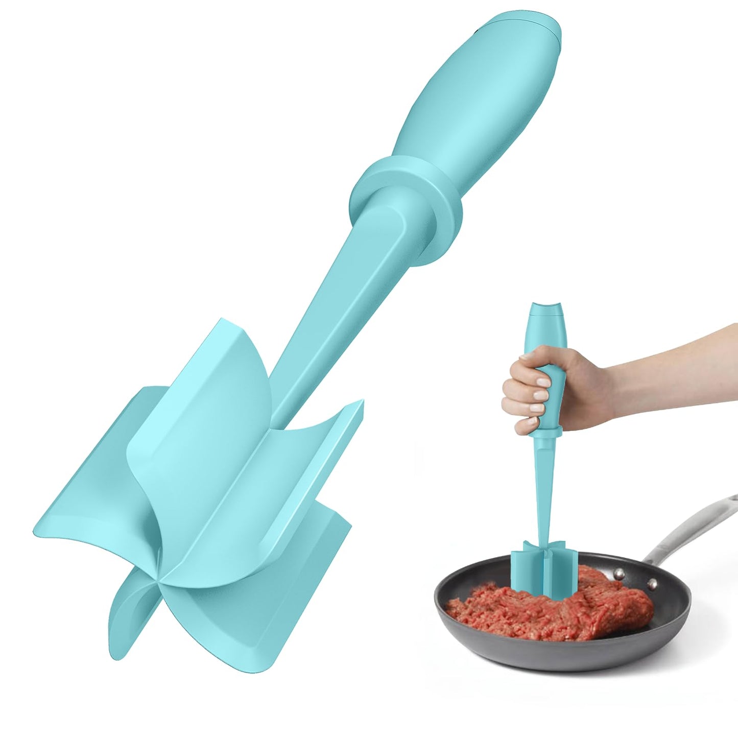 A black nylon meat grinder with a five-blade design being used to crumble ground meat in a pan.