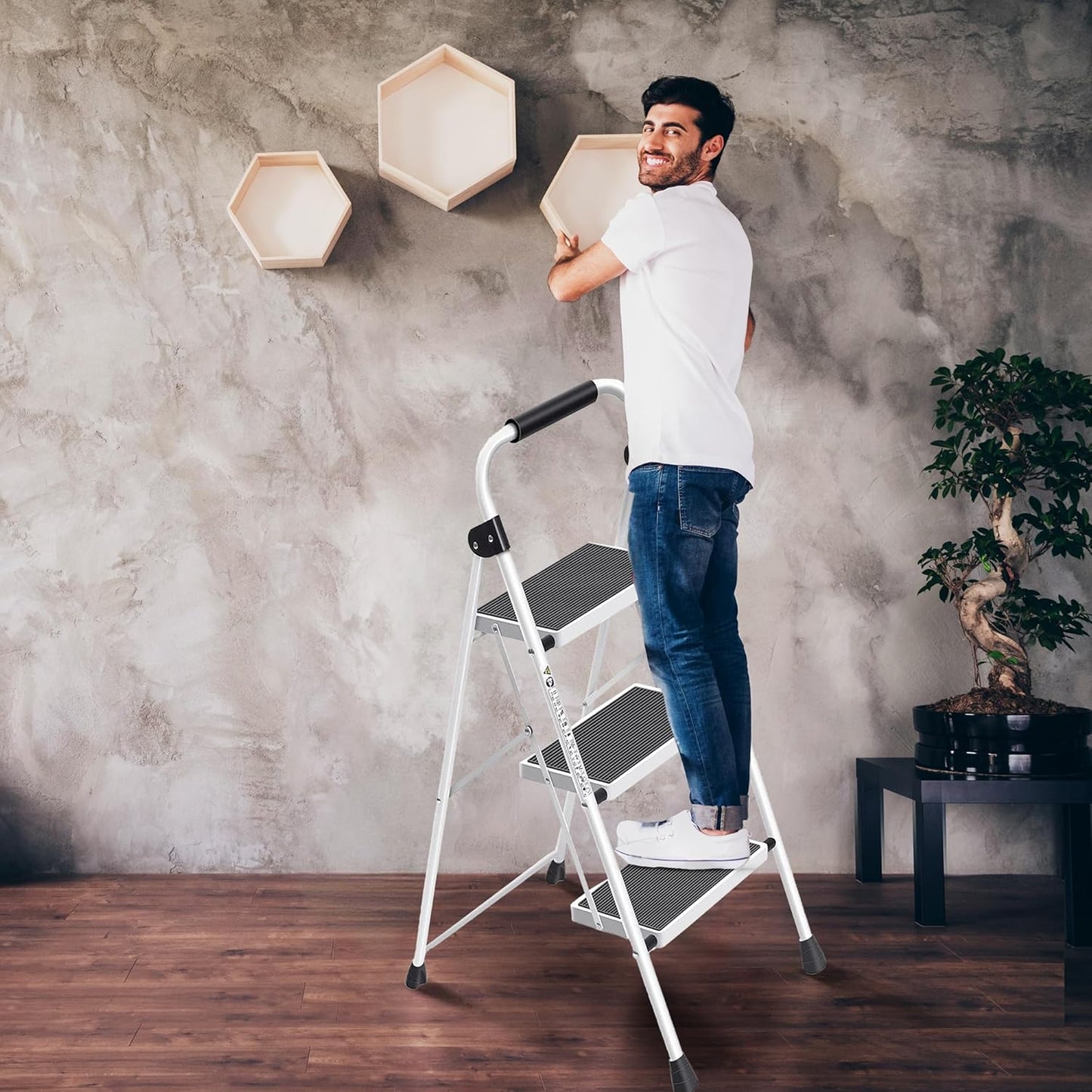 SIMPLI-MAGIC Step Ladder, 3 Step Stool Ergonomic Folding Step Stool with Wide Anti-Slip Pedal Sturdy Step Stool for Adults Multi-Use for Household, Kitchen,Office Step Ladder Stool (3 Step - White)