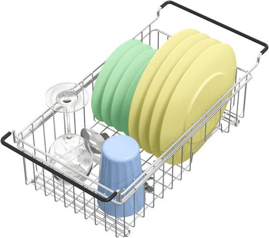 TreeLen Expandable Dish Drying Rack Over The Sink Small Dish Drainer in Sink Adjustable Rustproof Sink Strainers for Kitchen-304 Stainless Steel