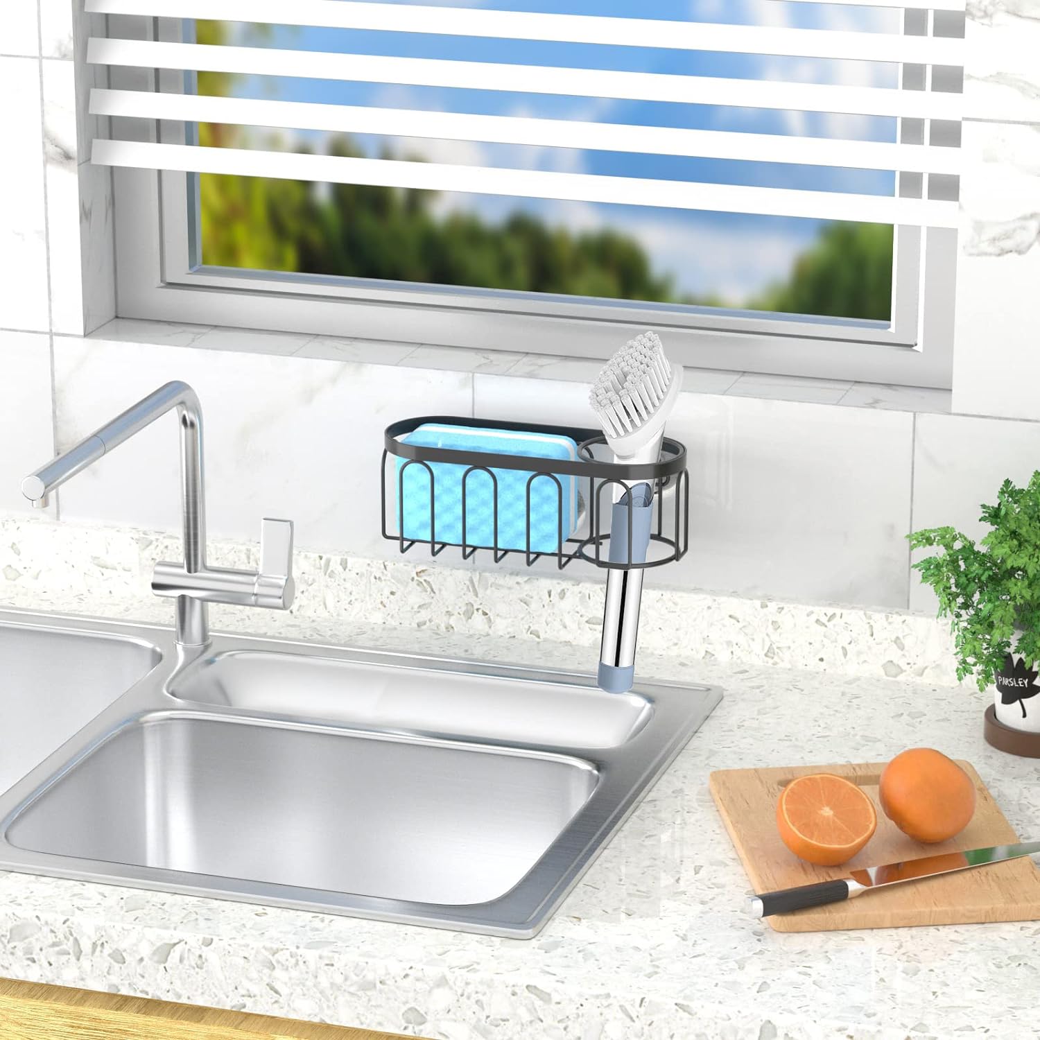 2-in-1 Sponge Holder for Kitchen Sink, Suction Cup Sponge Rack Kitchen Sink Caddy, No Drill Rustproof Kitchen Sink Organizer for Place Dishwashing Brush Soap and Sponge (Black)