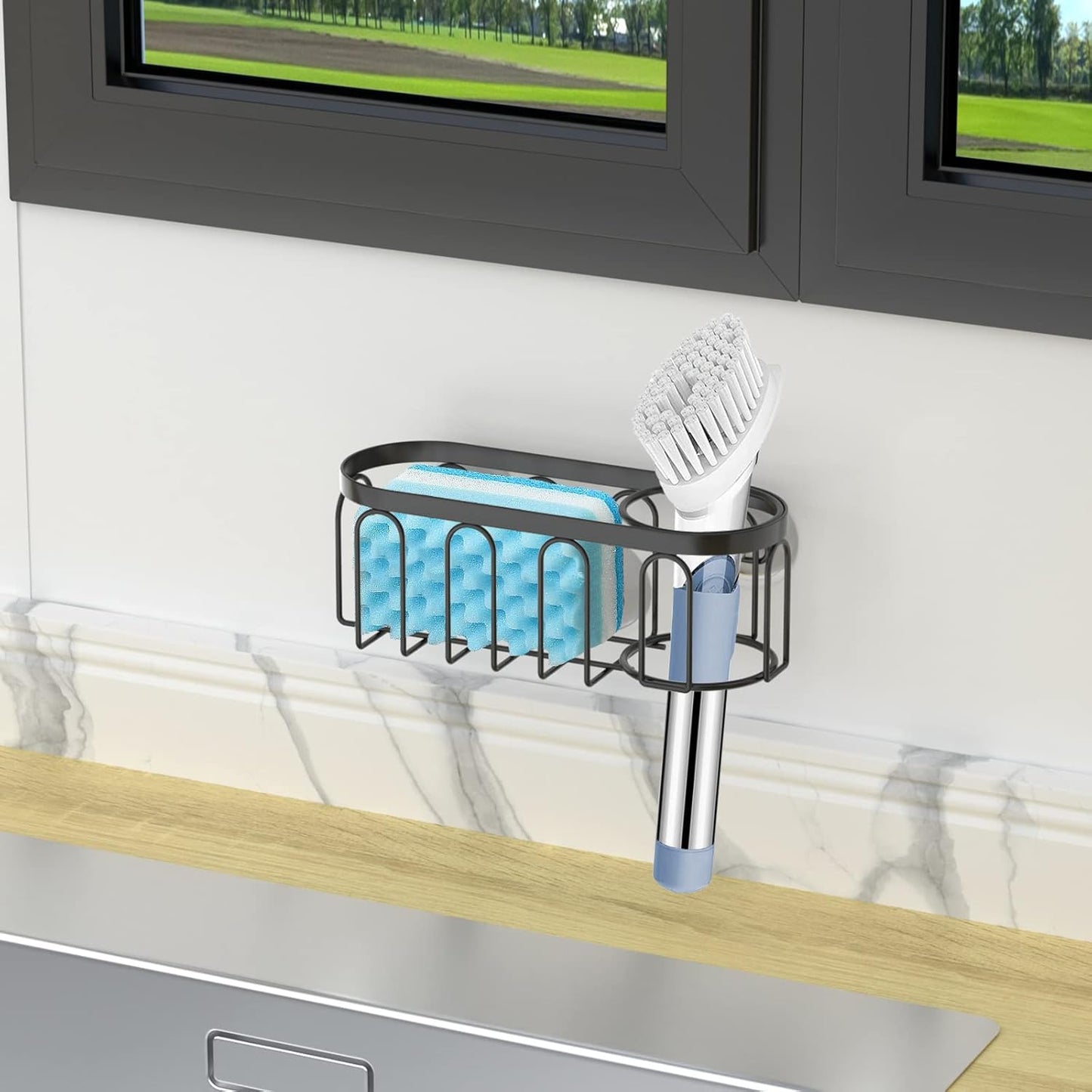 2-in-1 Sponge Holder for Kitchen Sink, Suction Cup Sponge Rack Kitchen Sink Caddy, No Drill Rustproof Kitchen Sink Organizer for Place Dishwashing Brush Soap and Sponge (Black)