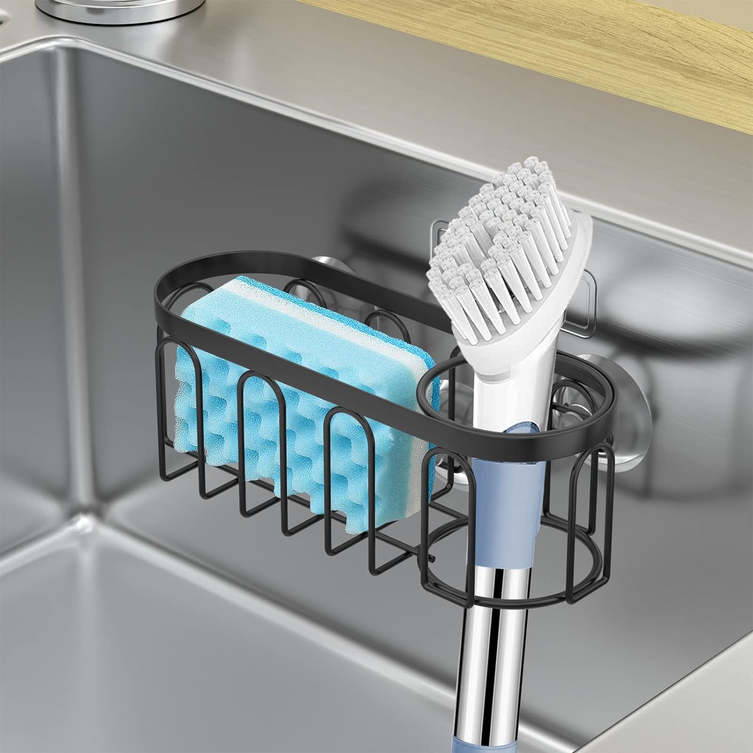 2-in-1 Sponge Holder for Kitchen Sink, Suction Cup Sponge Rack Kitchen Sink Caddy, No Drill Rustproof Kitchen Sink Organizer for Place Dishwashing Brush Soap and Sponge (Black)