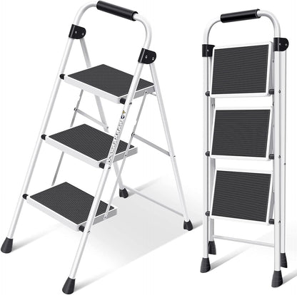 SIMPLI-MAGIC Step Ladder, 3 Step Stool Ergonomic Folding Step Stool with Wide Anti-Slip Pedal Sturdy Step Stool for Adults Multi-Use for Household, Kitchen，Office Step Ladder Stool (3 Step - White)