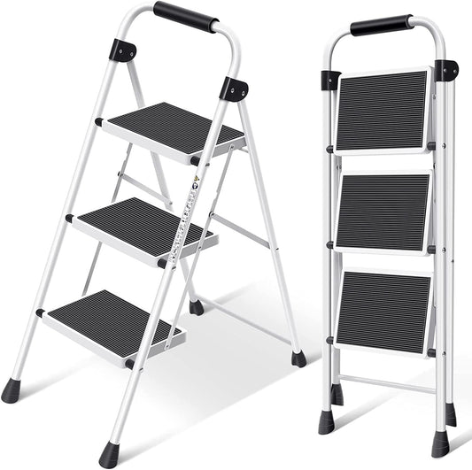 SIMPLI-MAGIC Step Ladder, 3 Step Stool Ergonomic Folding Step Stool with Wide Anti-Slip Pedal Sturdy Step Stool for Adults Multi-Use for Household, Kitchen，Office Step Ladder Stool (3 Step - White)