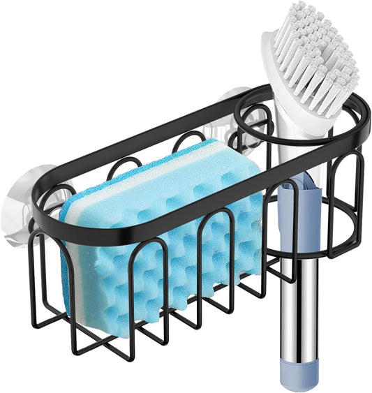 2-in-1 Sponge Holder for Kitchen Sink, Suction Cup Sponge Rack Kitchen Sink Caddy, No Drill Rustproof Kitchen Sink Organizer for Place Dishwashing Brush Soap and Sponge (Black)